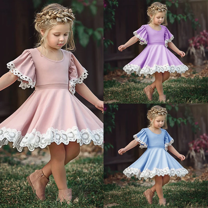 Одежда для маленьких девочек; кружевное платье принцессы с круглым вырезом и короткими рукавами; хлопковое повседневное праздничное платье с геометрическим узором для новорожденных; цельнокроеное