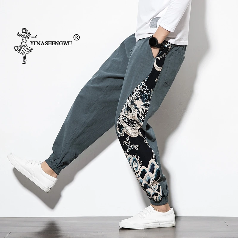 Японские модные кимоно брюки с принтом Азиатский костюм повседневные длинные штаны кимоно юката мужские шаровары брюки с боковой печатью