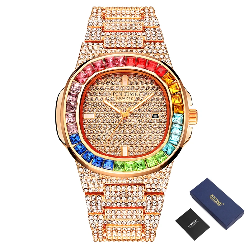 

PINTIME Hip Hop Watch Men Steel Diamond Men Watches Top Brand Luxury Quartz Male Clock Waterproof Relogio Masculino Montre Homme