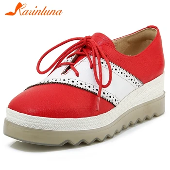 

Karinluna Fashion 2020 Genuine Cow Leather Platform Shoes Woman Vulcanize Lace Up Mix Color Spring Vulcanize Women Shoes