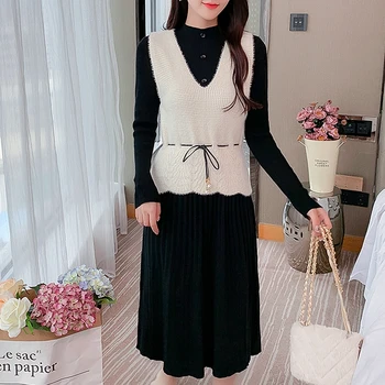 

Women 2020 Autumn Winter Knitted Turtleneck Long Sweater Dress Female Loose Casual Korean Brief Two Piece Set A-Line Dresses