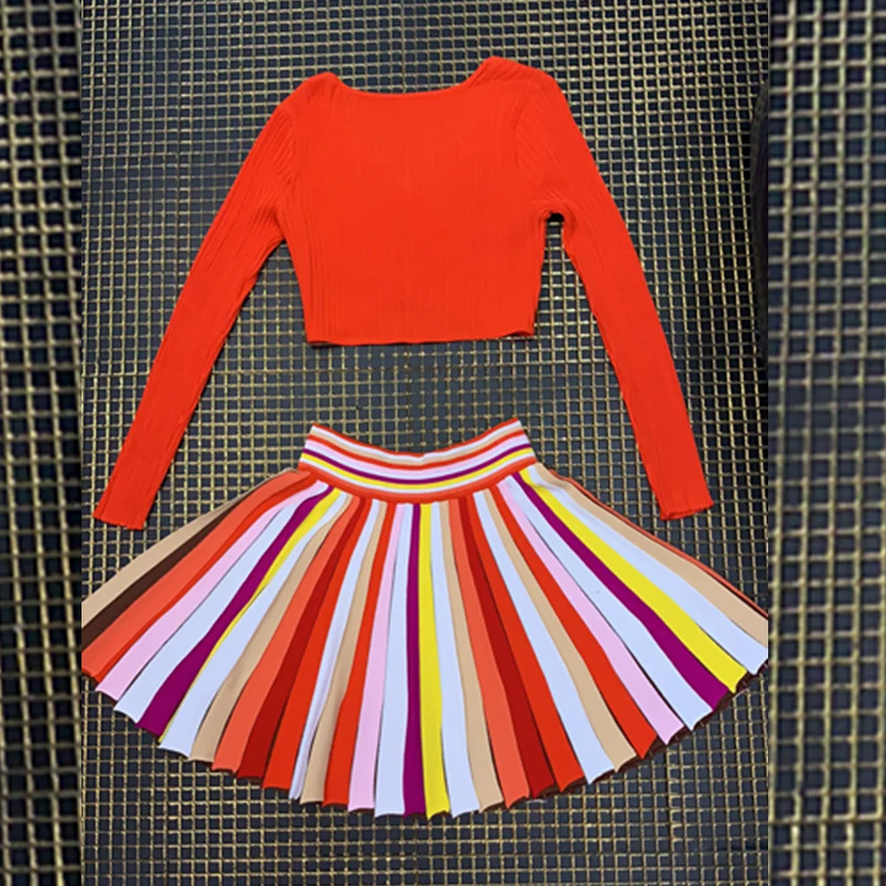 Eelgant Two 2 Pieces Orange Patchwork Long Sleeve Women Bandage Dress Mini Club Runway Vestidos Celebrity Party Wholesale