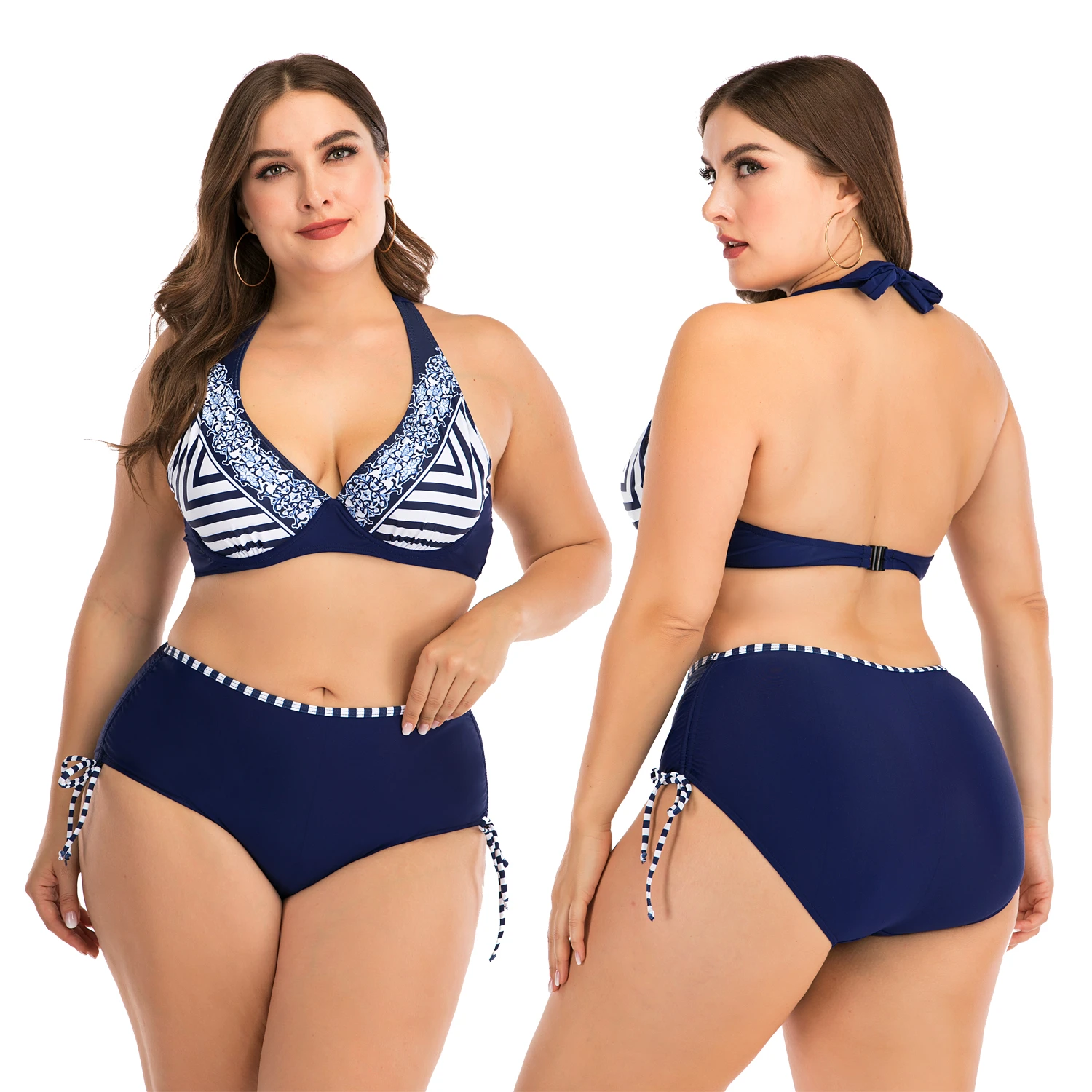 Bikini de grande para mujer, traje de baño 4XL grande con Espalda descubierta, conjunto de Bikini con cuello Halter de cintura alta, traje de de talla grande para