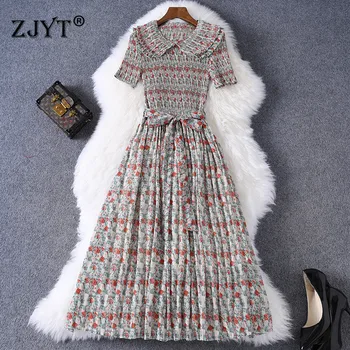 

Fashion Summer Short Sleeve Woman Clothing 2020 New Designer Peter Pan Collar Retro Floral Print Pleated Dresses