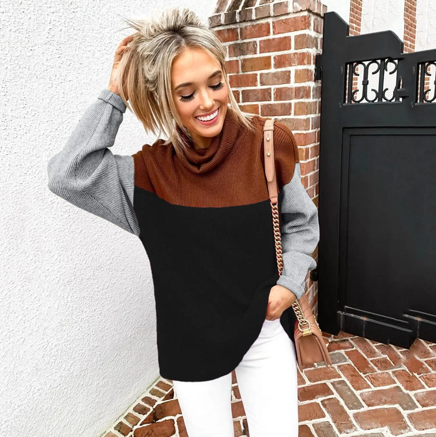

2019 Women Winter Blouse Tops Fashion Patchwork Women Turtleneck Shirt Casual Long Sleeve Knitting Loose Tops Blusas Mujer