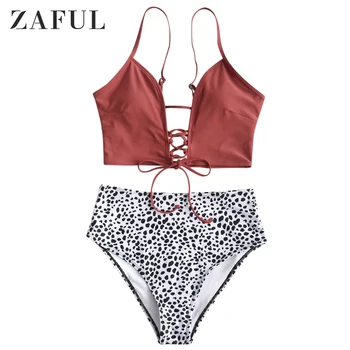

ZAFUL Dalmatian Dot Lace-Up High Waisted Tankini For Women Swimsuit Mix And Match Spaghetti Straps Elastic Lace Up Tankini Set