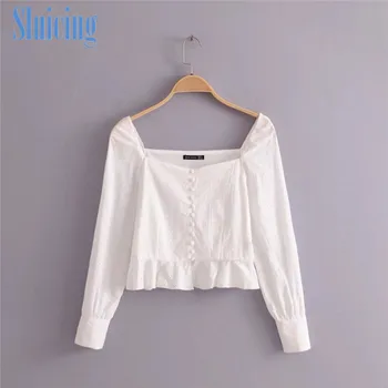 

Sexy Square Neck Long Sleeve Lace Crochet Blouse Shirt Women Button Down White Crop Tops Summer embroidered hollow Ruffle Top