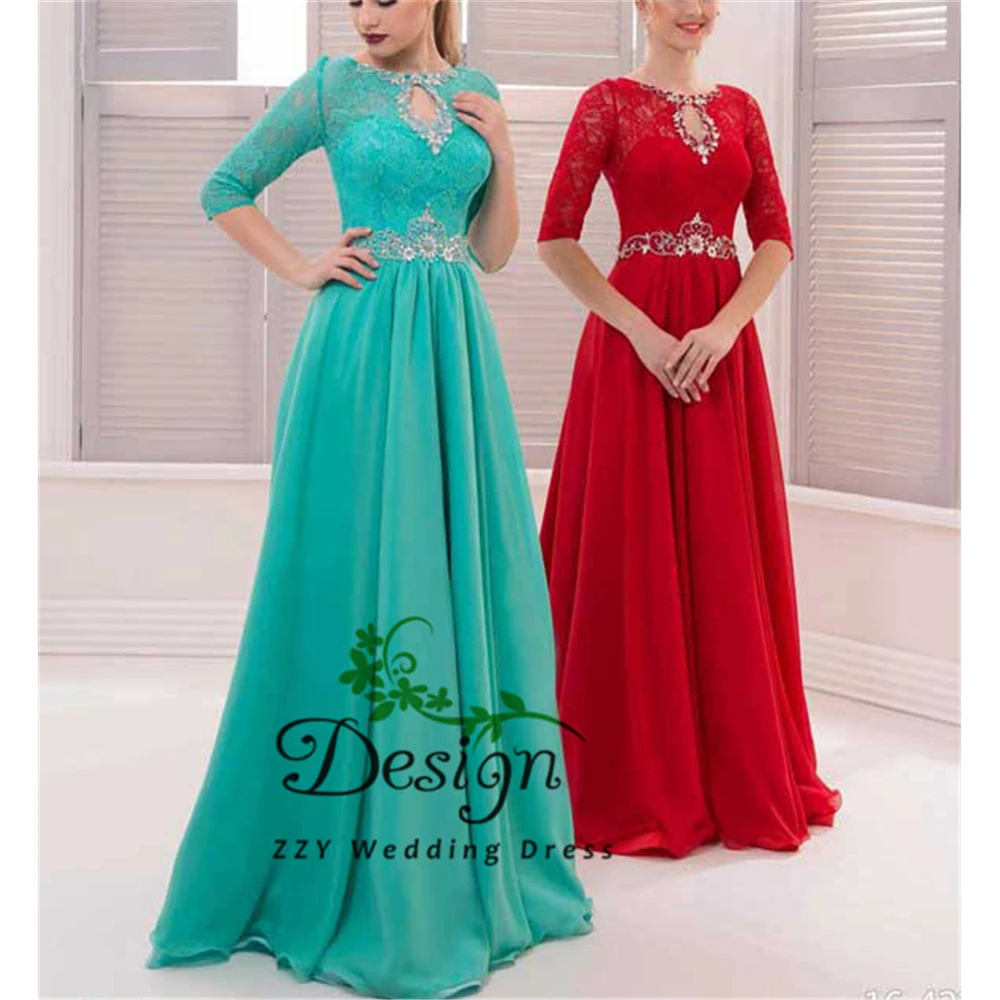 Иллюзия и шифон с бисером Полная Длина Vestido De Fiesta 0-шеи аппликации кружевное с рукавом до локтя А-силуэт формальное платье женское элегантное
