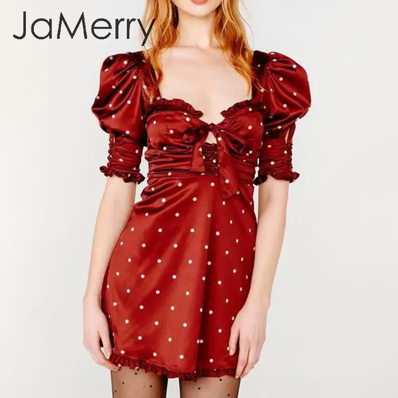 JaMerry, сексуальное женское платье в горошек, элегантное, высокая талия, фонарь, с рюшами, праздничное платье, уличная одежда, для девушек, с рюшами, с бантом, Летнее мини-платье