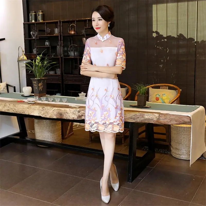 

New Arrival Traditional Women Qipao Lace Embroidery Sexy Short Printing Cheongsam Handmade Button Vintage Chinese Dress