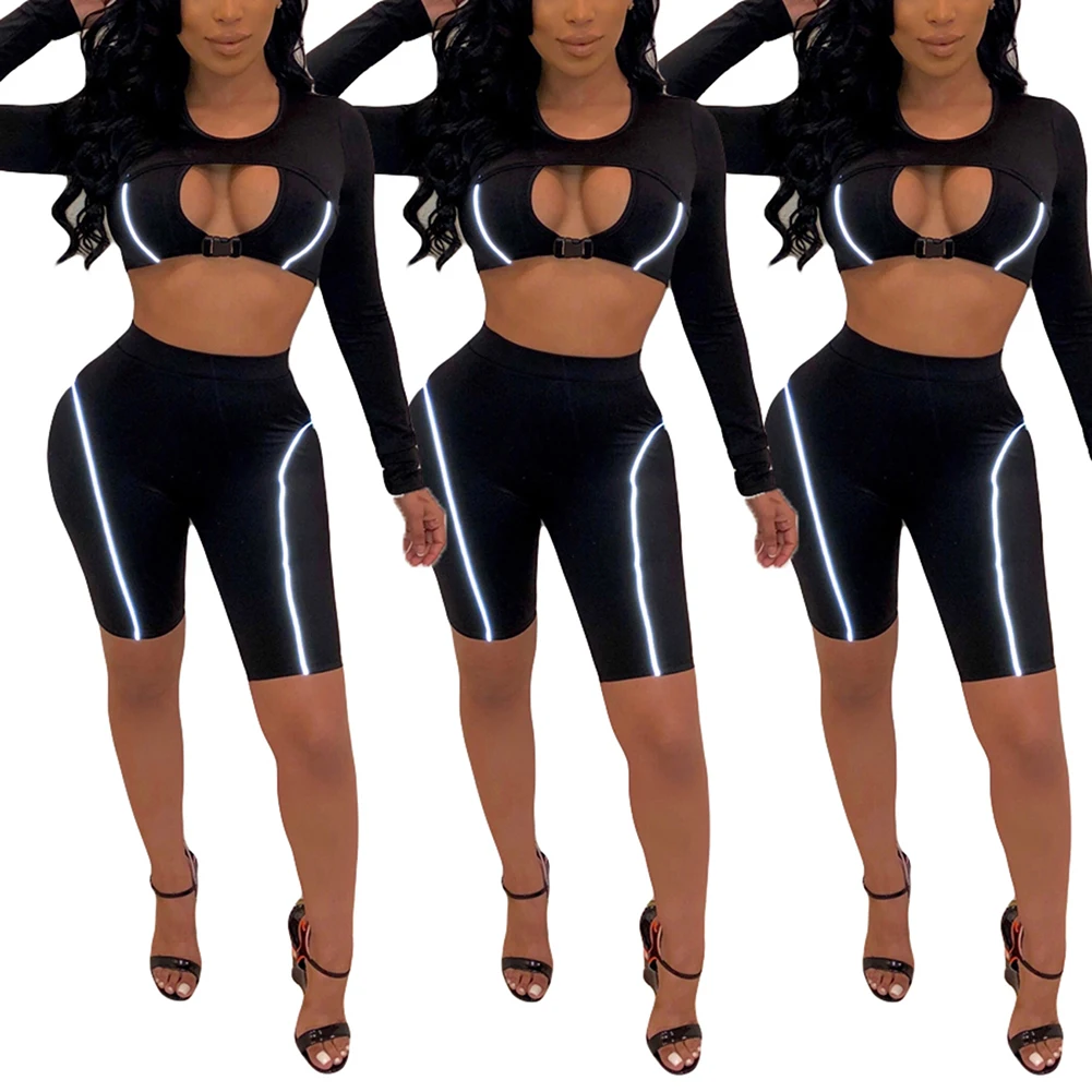 

Fadzeco Women 2 Piece Outfits Sweatsuit Stripe Hollow Out Long Sleeve Crop Top and Bodycon Short Pants Set Romper