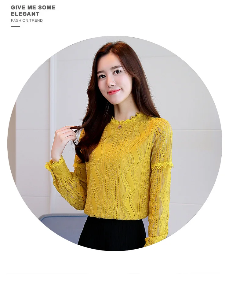spring autumn Women Crochet Blouse Lace Chiffon Shirt White/Black Basic Shirt Ladies Stand Collar Ruffles Blusas Femininas