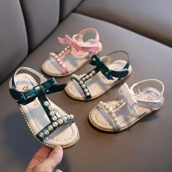 

Hot Summer Toddler Girls Sandals With Bow Fashion Princess Dress Shoes Pearl Soft Leather Beach Sandals For Baby Girls