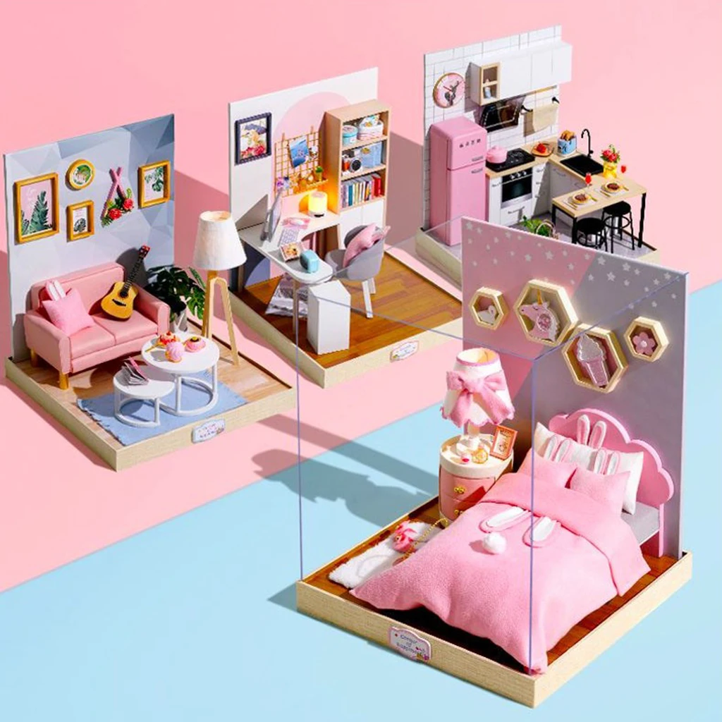 1:24 Scale Wooden Dollhouse Miniatures DIY House Project Kit with Cover and LEd Light - Taste of Life