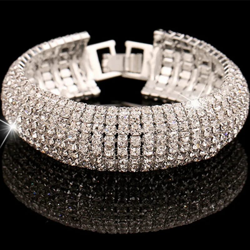 

1Pcs Sparkling Multi Row Rhinestone Bracelet & Bangle For Woman Golden/Silver Alloy Fashion Luxury Wedding Reception Jewelry