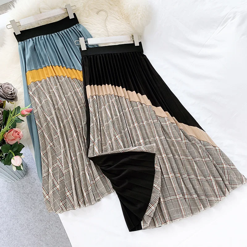 YuooMuoo юбка миди для женщин 2019 осень в контрастную клетку винтажная плиссированная юбка элегантная юбка с высокой талией