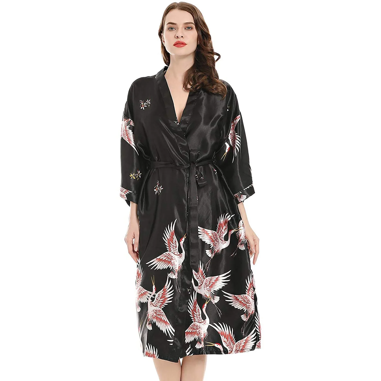 PLUS SIZE Long Kimono Bathrobe Satin Women Sleepwear Nightgown Print Crane Bride Bridesmaid Wedding Robe Dress Loose Homewear
