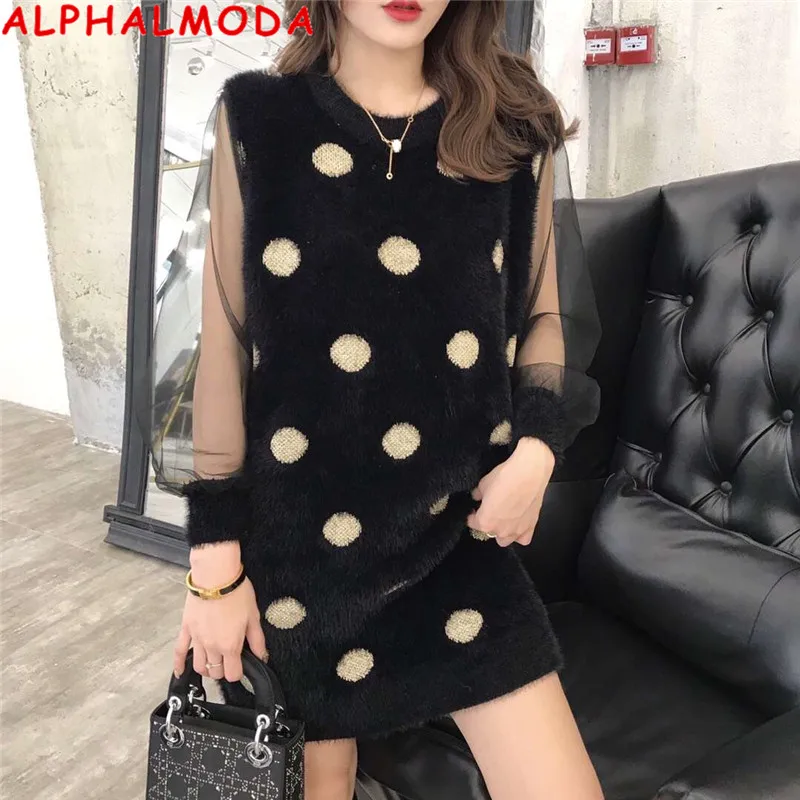 ALPHALMODA, шикарное платье в горошек из мохера, перспективное платье с длинными рукавами, газовое платье с рукавом, лоскутное изделие, свободное женское короткое меховое платье