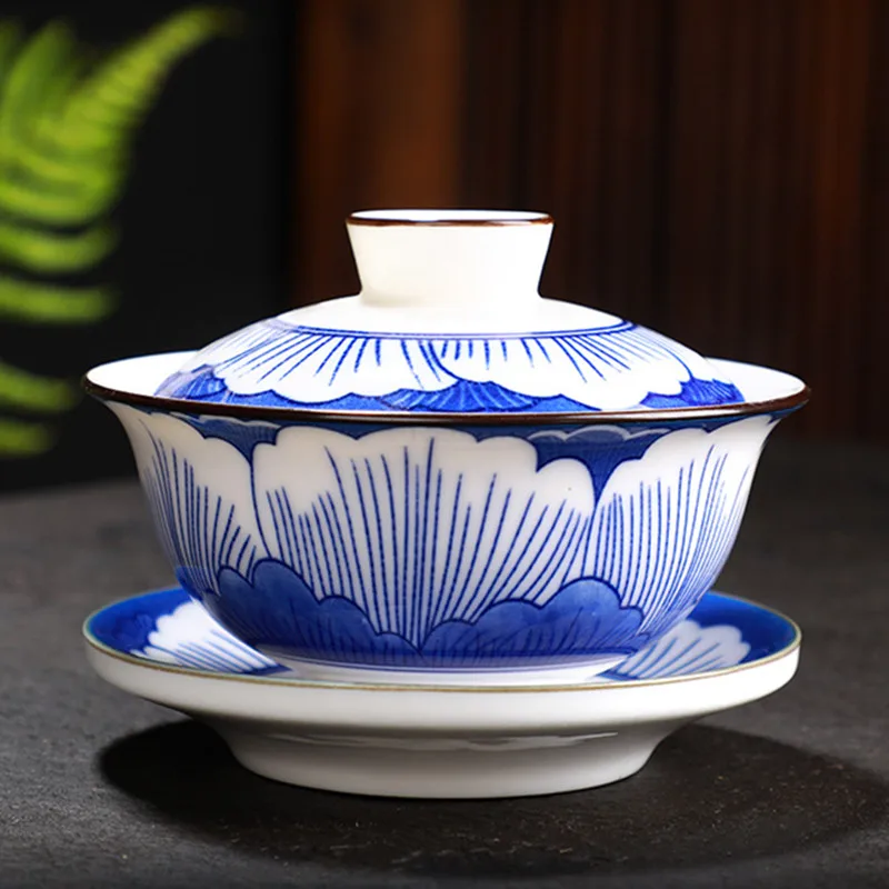 Синий и белый фарфор Gaiwan китайский стиль ретро Керамическая сансай чайная чаша обслуживание чайная чашка и блюдце набор - Цвет: Lotus-2