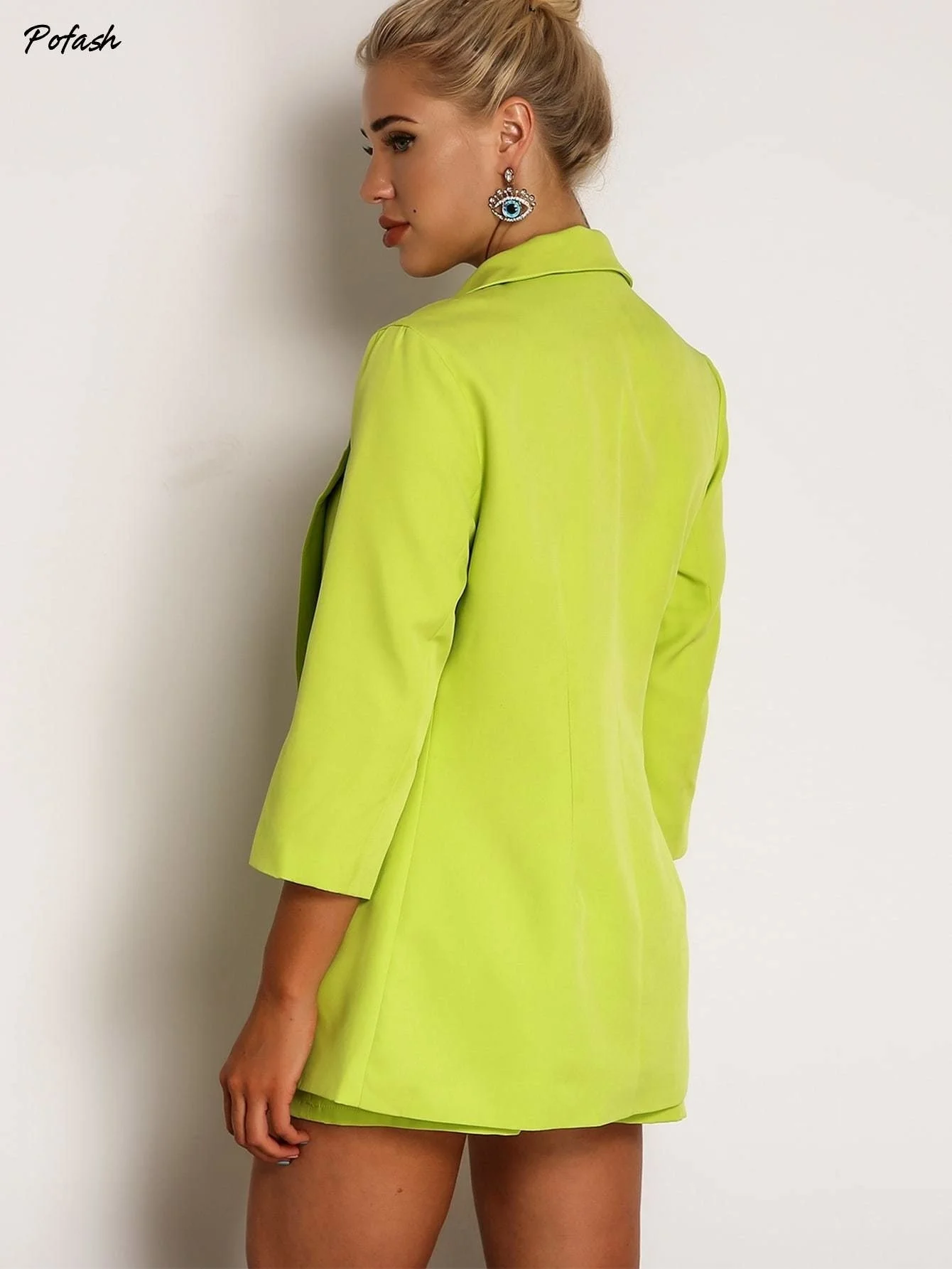 Joyfunear Neon Green Single Button Blazer & Ring Detail Short Set Joyfunear Neon Green Single Button Blazer & Ring Detail Short Set