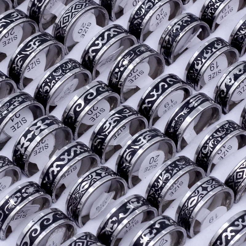 24 Pieces/lot Mixed Stainless Steel Rings Men Fashion Jewelry Bohemian Vintage Big Punk Ring for Party