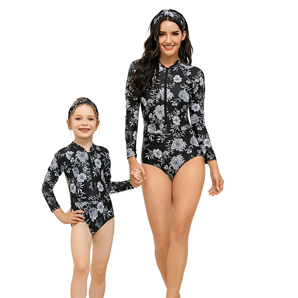 

Flower Mother Daughter Swimsuit Family Matching Outfits Mommy and Me Swimwear Clothes Rush Guard Swimming Bodysuit for Women Kid