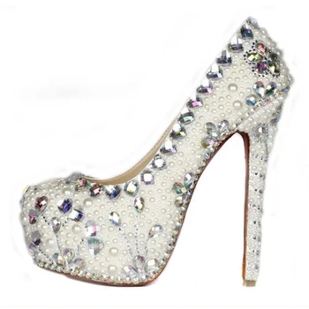 

2020 new pearl rhinestone handmade wedding shoes super high heel waterproof platform bride bridesmaid shallow mouth womens shoes