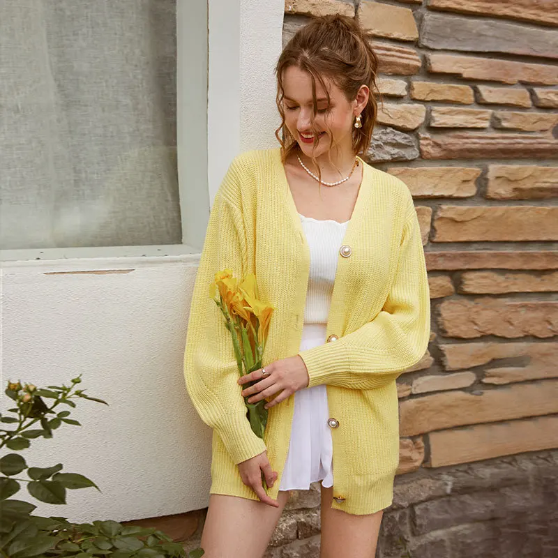 Ladies Long Sleeve Loose Knitted Outwear European Style 2021 New Sweater Cardigan Spring Autumn V-Neck Button Solid Color Tops |
