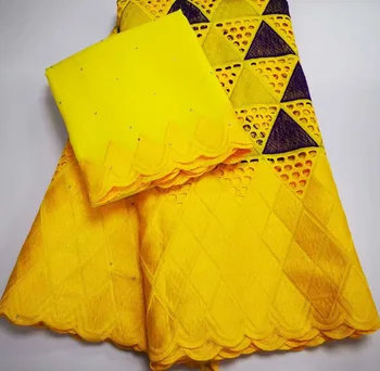 

(5+2yards/set) high quality African voile lace fabric Swiss cotton lace with Stones Nigerian lace for dress yellow FLC801
