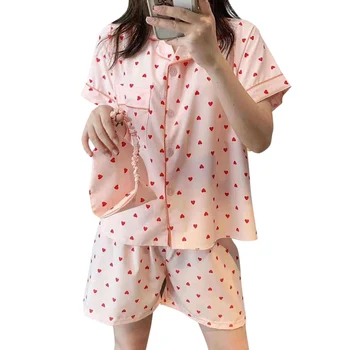 

Women Pajamas Suit Korean Style Lapel Short Sleeves Prints Home Wear Loose Casual Top Shorts Sleepwear Sets