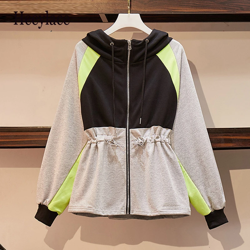 

Plus Size Women Cardigan Sweatshirt Autumn 2019 Long Sleeve Patchwork Drawstring Waist Loose Casual Zipper Hoodies Coat