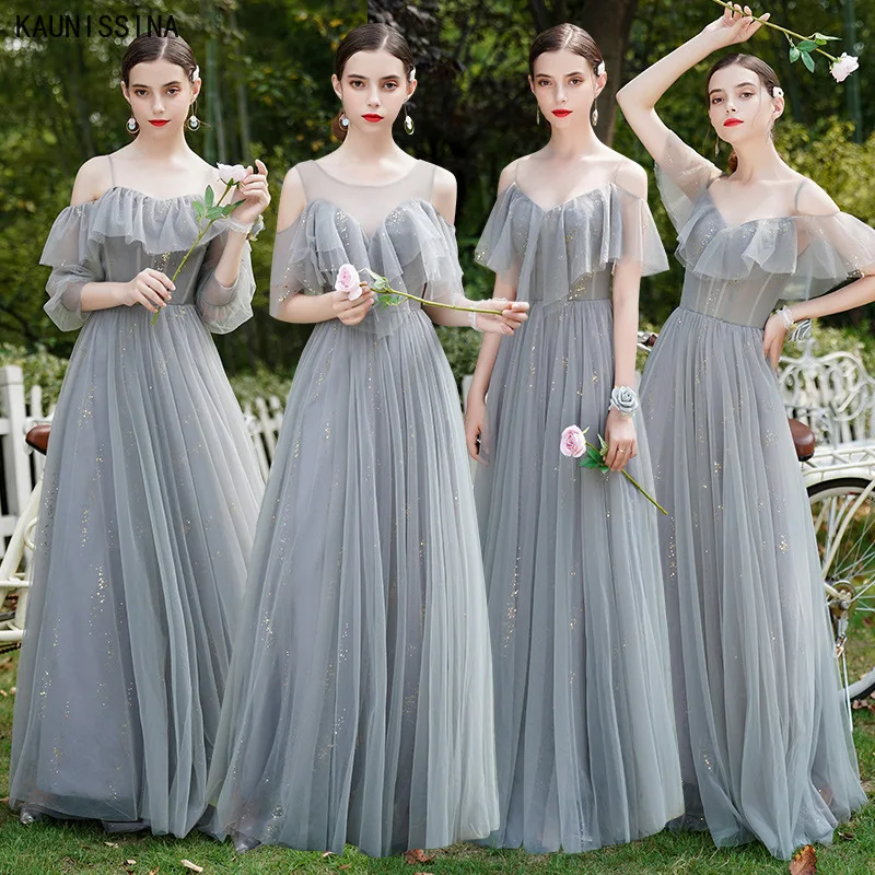 

Long Bridesmaid Dresses A-Line Spaghetti Straps Sequined Wedding Party Gown Tulle Brides Maid Dress vestido de fiesta de boda