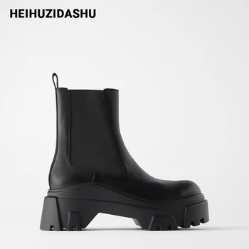 

2020 Brand Design Ankle Boots For Women Slip On Black Leather Platform Boots Women Chunky Heel Women Chelsea Boots Winter Shoes