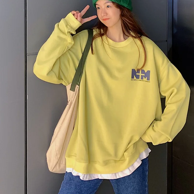 

Pullover Women's Sweatshirt Korean Pop Clothes Streetwear Pullover Sweatshirt Women Fake Two Pieces Letter Printing Top Women