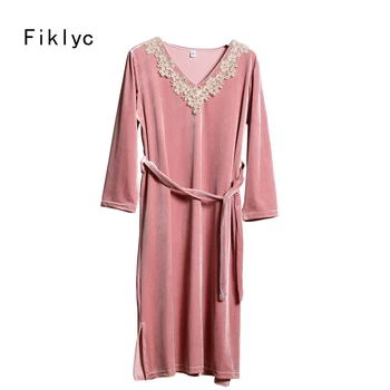 

Fiklyc underwear winter velvet long nightgowns v neck sexy ankle-length nightdress fashion sleepwear new nightwear adult