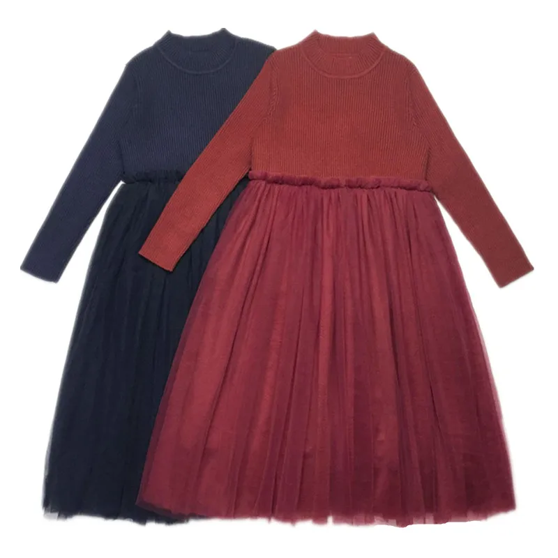 Для детей и подростков от 4 до 14 лет, трикотажный фатиновый Удлиненный свитер в рубчик для девочек, платье принцессы Модные расклешенные платья для девочек, одежда