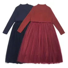 Для детей и подростков от 4 до 14 лет, трикотажный фатиновый Удлиненный свитер в рубчик для девочек, платье принцессы Модные расклешенные платья для девочек, одежда