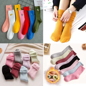 

1/2pairs Breathable Printed Cute Long Socks Embroidery Fruit Funny Cotton Women's Socks Pile Tube Over Ankle Socks Female