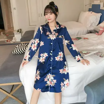 

2020 Hot Summer Sexy Silk Satin Print Nightgowns for Women Korean Long Sleeve Sleepwear Home Dress Night Dress Nightdress Nighty