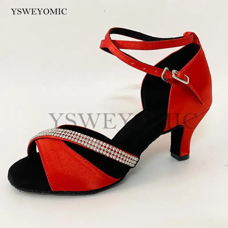 Woman Red Rhinestone Dance Shoes for Latin Ballroom Tango Dancing Shoes Women Soft Bottom Party Wedding Dance Sandals EU 34-44
