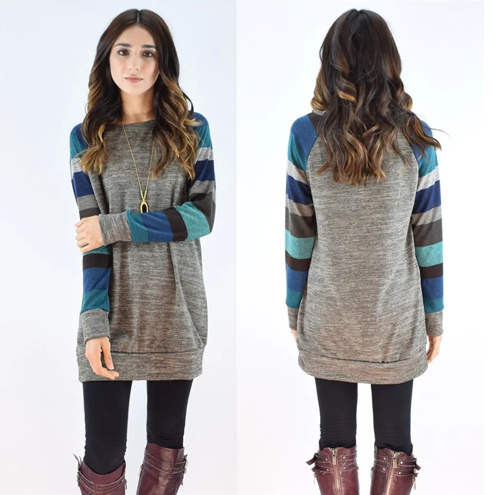 

Autumn and winter women's wear striped shoulder-length sleeve patchwork round-collar large-size dress top