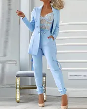 

2021 new ladies' temperament commuter 2-piece button suit jacket and pocket design pants suit