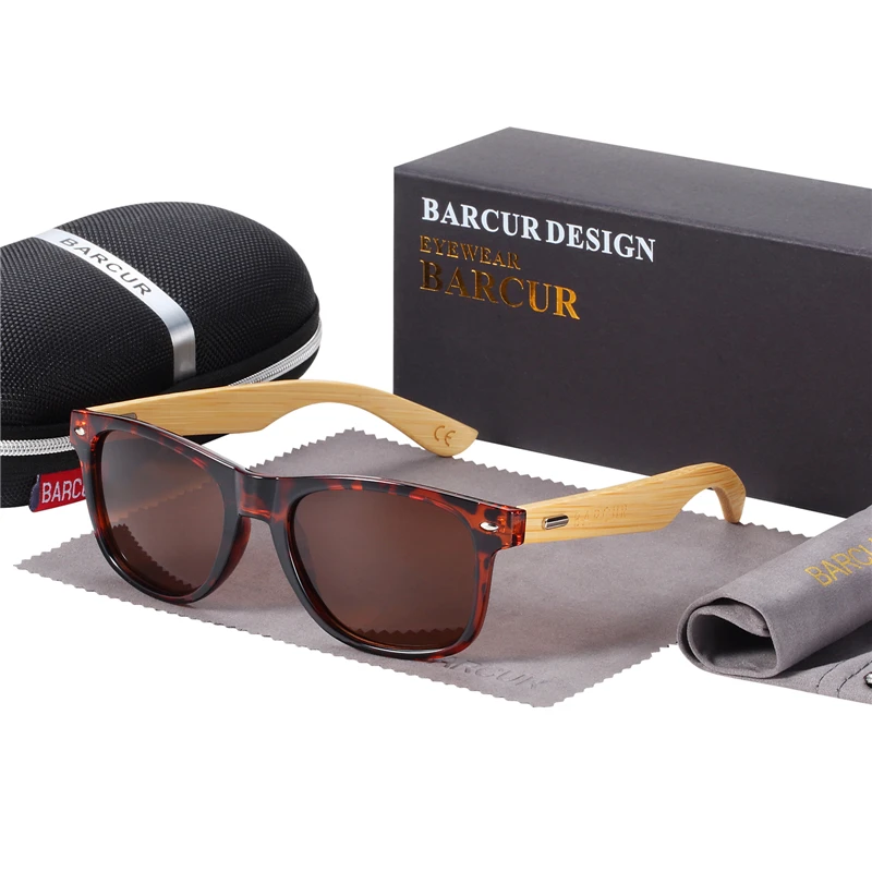 BARCUR Bamboo, мужские темные солнцезащитные очки, женские квадратные солнцезащитные очки, поляризационные деревянные очки ручной работы - Цвет линз: Leopard Brown