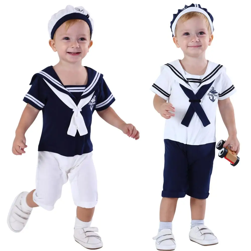 Baby Boy Sailor Romper with Hat Boys Navy Cosplay Uniform Costume Toddler Infant Carnival Outfit Newborn Anchor Cotton Clothes |