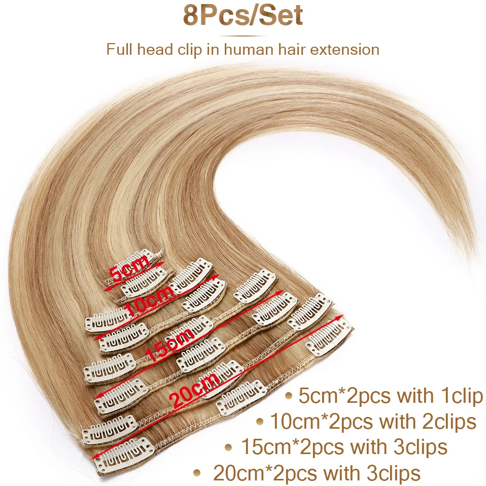 Human Hair Extensions 8Pcs 65g-120g 8"-24" 100% Natural Extension Hair Clip Brown Full Head In Hairpiece