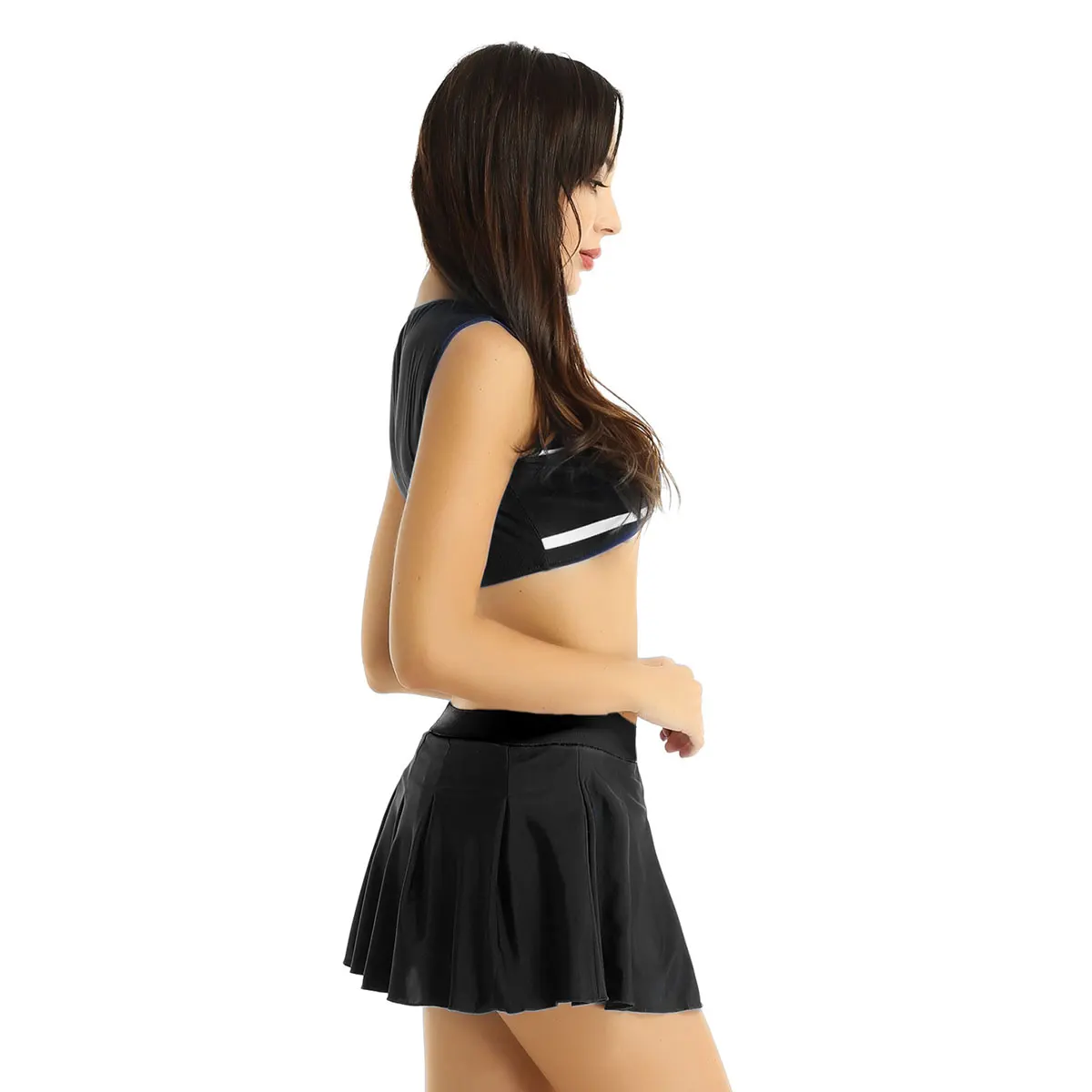 Women Cheerleader Costume School girl sexy Cosplay costume rave outfits Round Neck Sleeveless Crop Top with Mini Pleated Skirt
