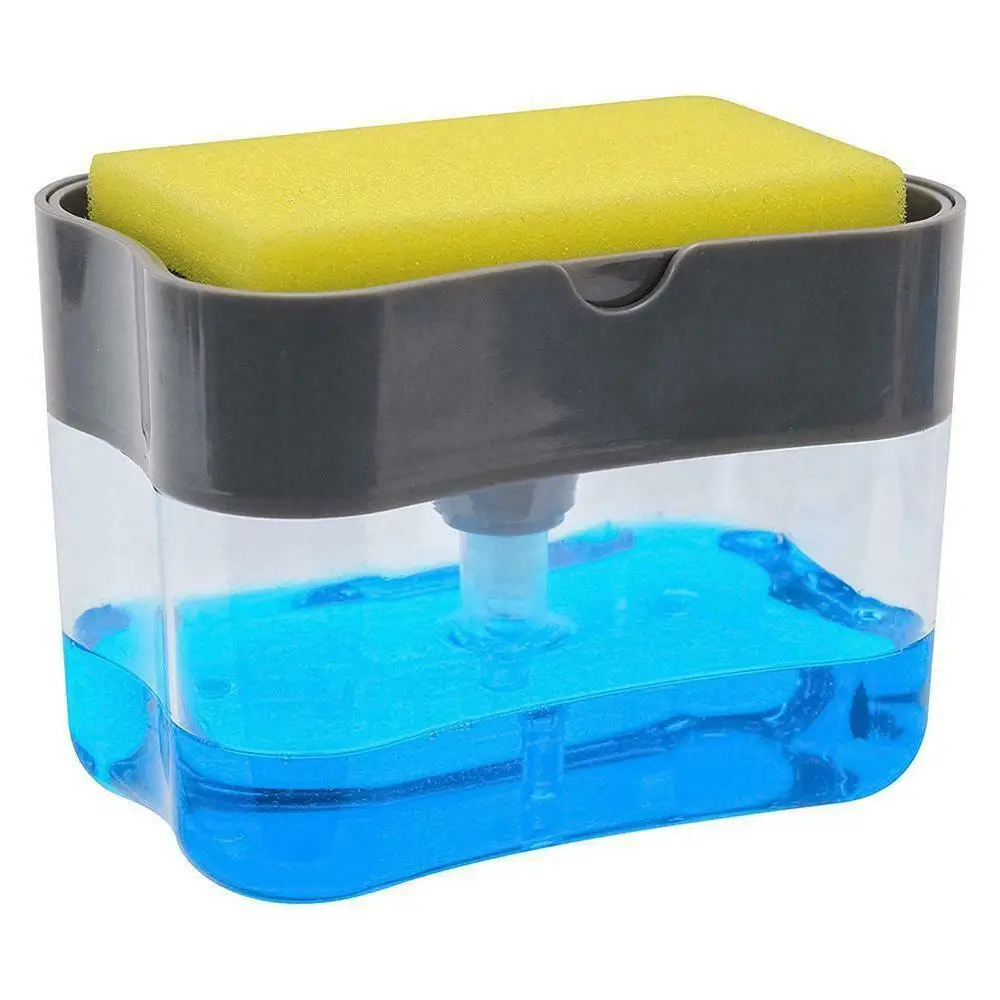 

QDRR Soap Pump Dispenser with Sponge Holder Cleaning Liquid Dispenser Container Manual Press Soap Organizer Kitchen Cleaner Tool