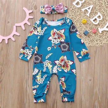 

Newborns Long Sleeved Jumpsuit Infant Girls Floral Printed Autumn Winter Romper Princess Baby Clothes + Headband Set 3-24M A20