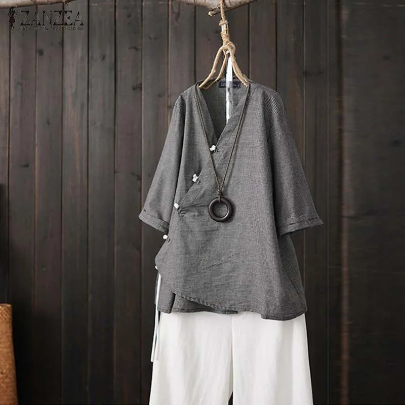 

ZANZEA Women Cotton Linen Shirt Vintage 3/4 Sleeve V Neck Blouse Solid Autumn Buttons Blusas Casual Cardigan Loose Chemise Tops