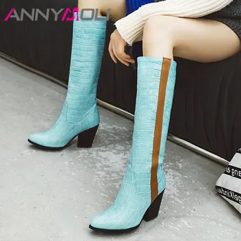 

ANNYMOLI Pointed Toe Riding Boots Woman Super High Heel Knee High Boots Thick Heel Long Boots Female Shoes Winter White Size 43